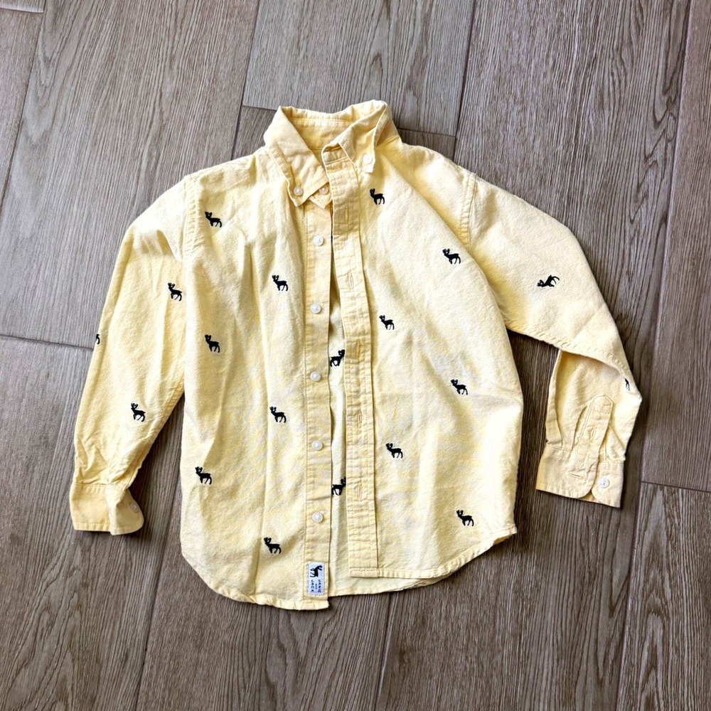 Janie and Jack Boys 5 Yellow Long Sleeve Deer Print Cotton Button-Up Dress Shirt